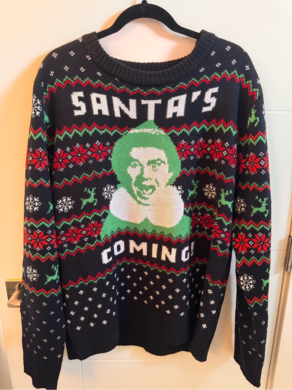 Elf Movie Buddy Santa's Coming Ugly Christmas Knit Sweater Black